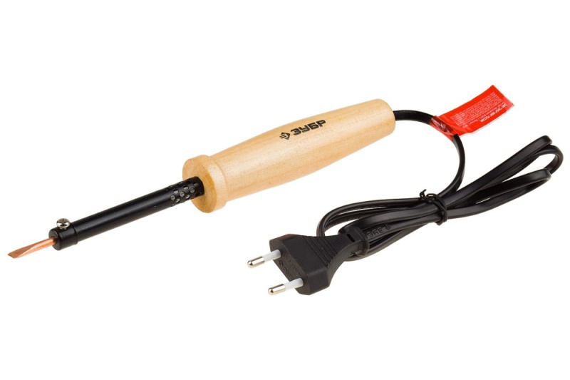 Электропаяльник ЗУБР "МАСТЕР" с дерев. рукояткой и долговечным жалом,форма клин,100Вт  55405-100